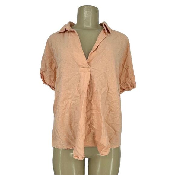 Ann Taylor Large Women Linen Blend Split Neck Shirt Short Sleeve Orange 29-12v - Picture 1 of 7